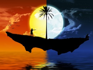 dia-noche-islote-flotando-sol-luna-oceano